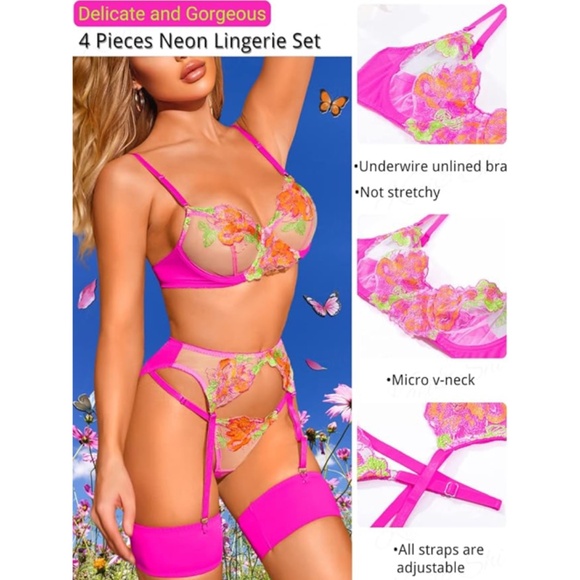 KAEI & SHI Floral Embroidered Underwire G-String Garter Belt 4 Pieces Lingerie - Picture 4 of 9
